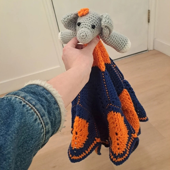 Crochet Geometric Baby Blanket Lovey Elephant Stuffed Animal Orange Blue Grey - Picture 3 of 5